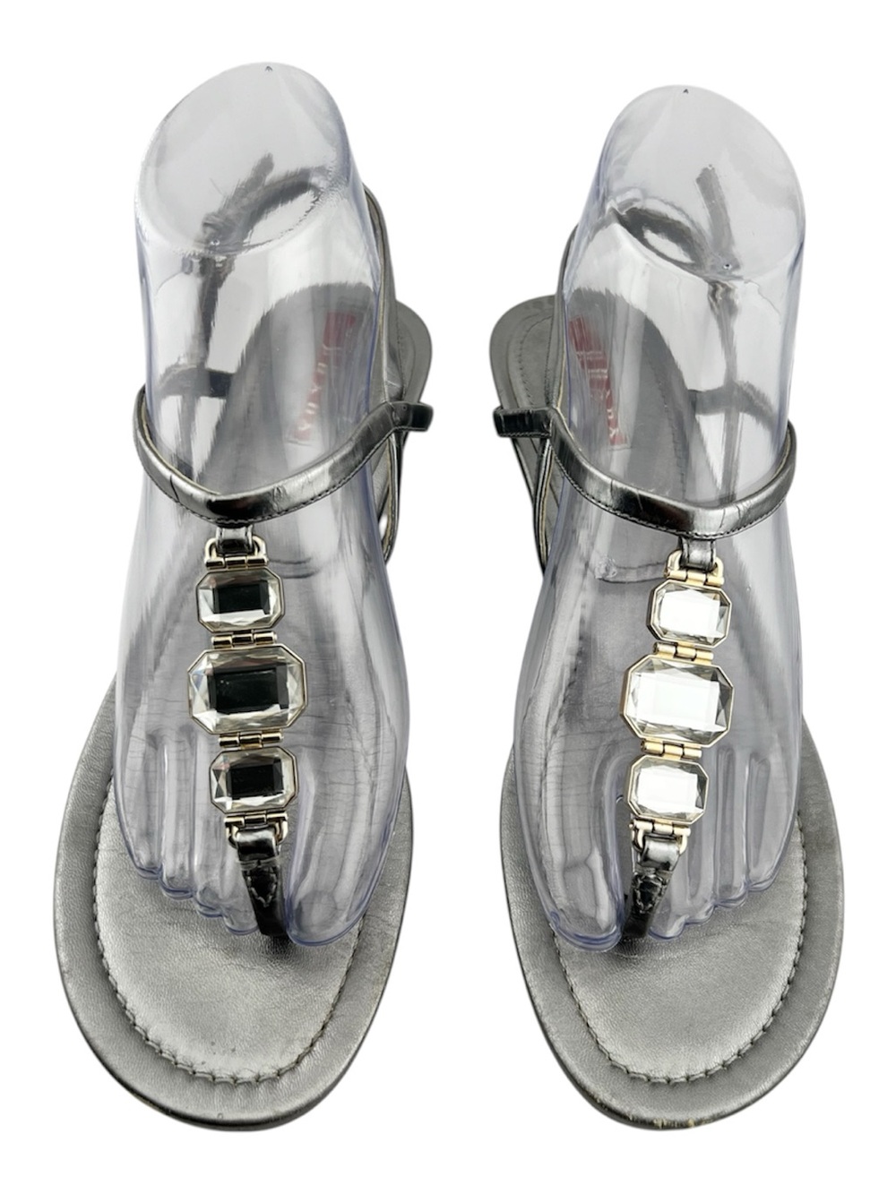 Prada Leather Metallic Silver T-Strap Wedge Sandal Size Eu: 38 US: 7.5-8 Italy